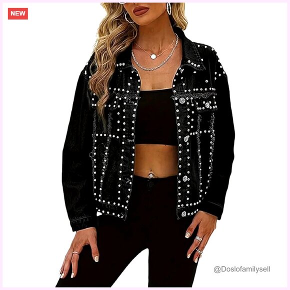 Women's Denim Jacket with Studs Distressed Classic Fit Heavyweight Cotton